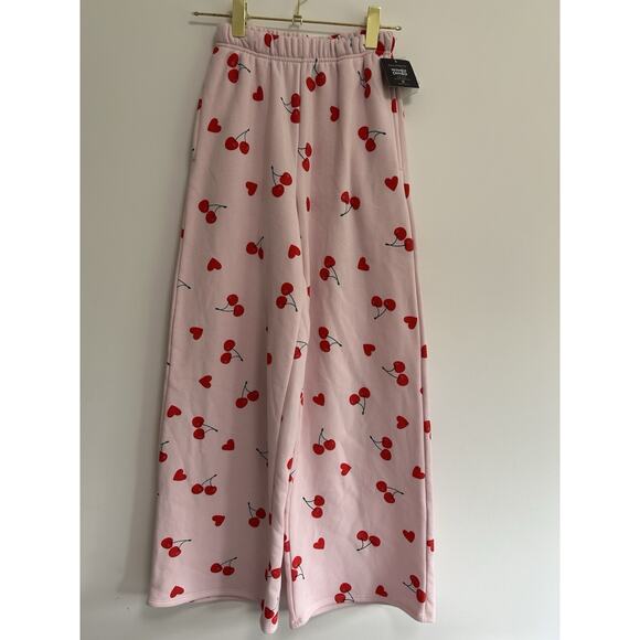 NWT Grayson Threads Women’s Sweatpants Pink Cherries + Hearts Wide Leg Size XS - Picture 1 of 10